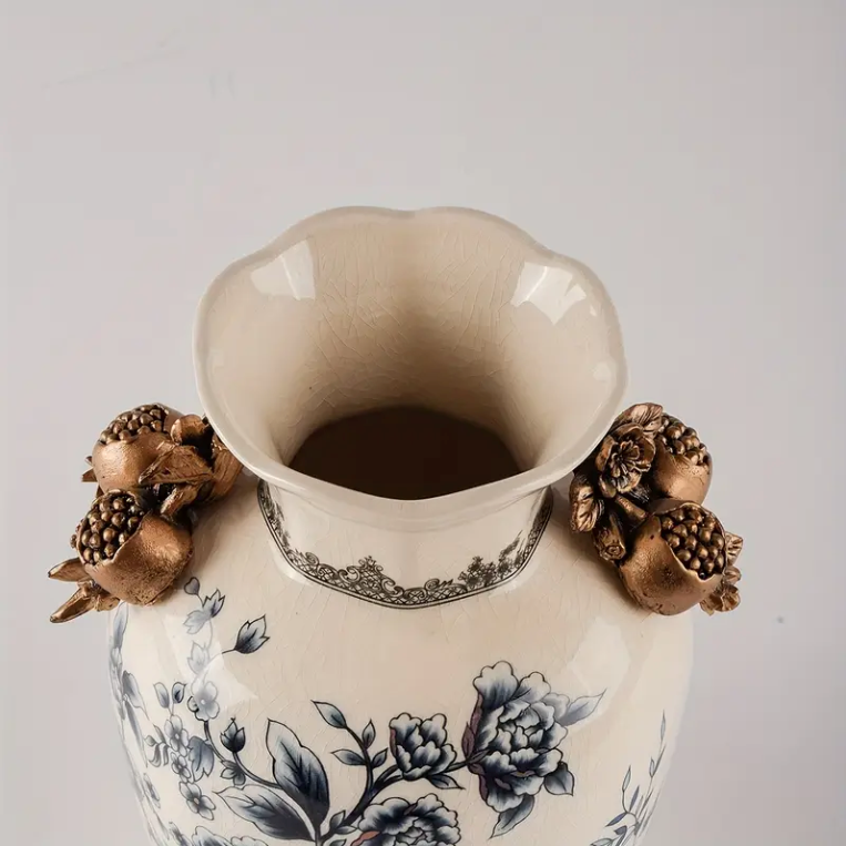 Elegant Vintage Ceramic Vase with Floral & Butterfly Design and Ice-Crack Pattern