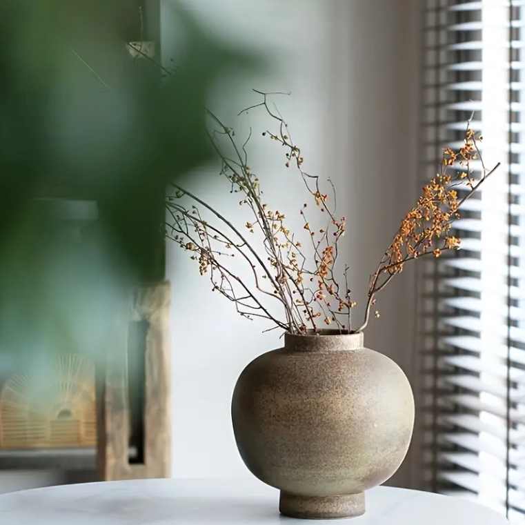 Rustic Ceramic Cylinder Vase – Minimalist Farmhouse Boho Decor for Dining Tables