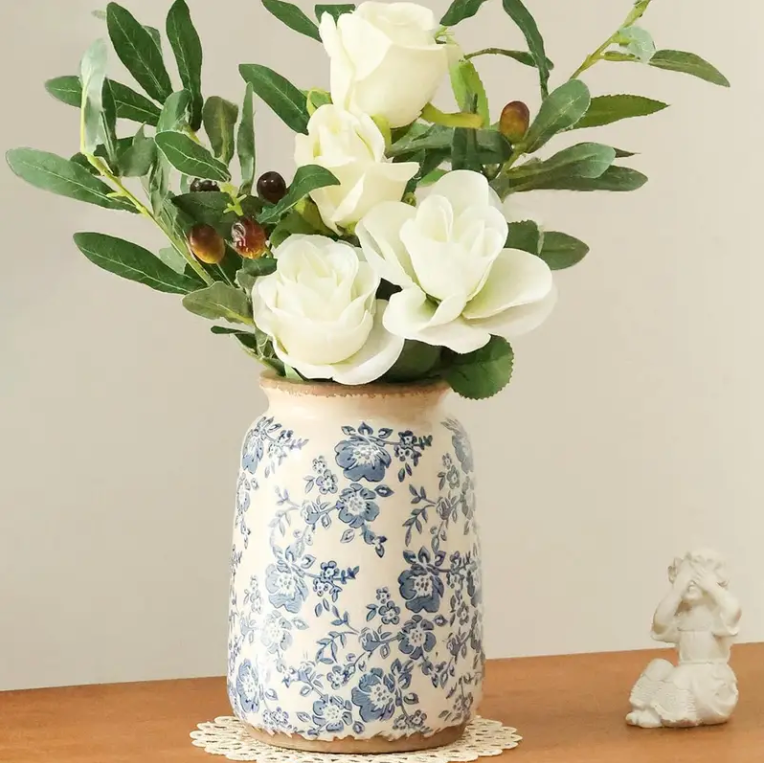 Vintage Blue and White Chinoiserie Ceramic Vase