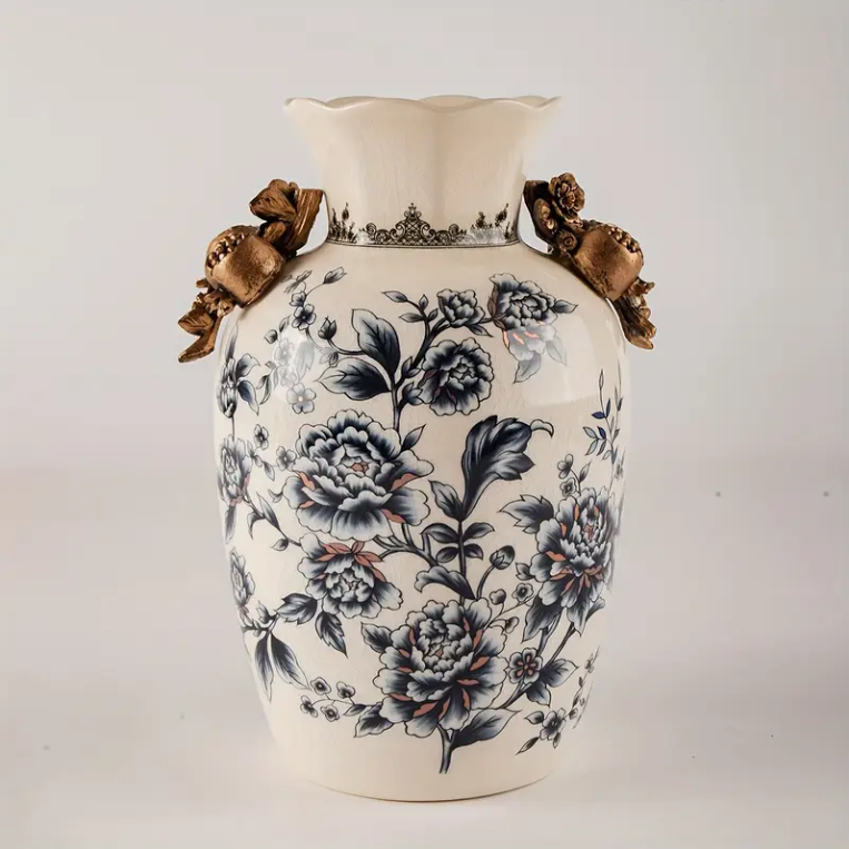 Elegant Vintage Ceramic Vase with Floral & Butterfly Design and Ice-Crack Pattern