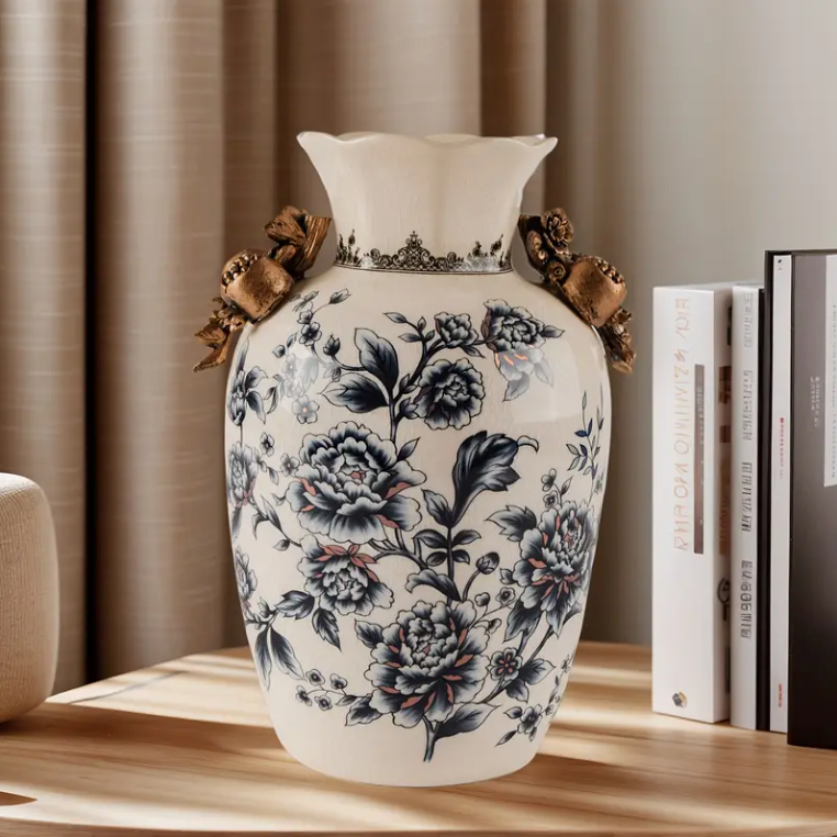 Elegant Vintage Ceramic Vase with Floral & Butterfly Design and Ice-Crack Pattern